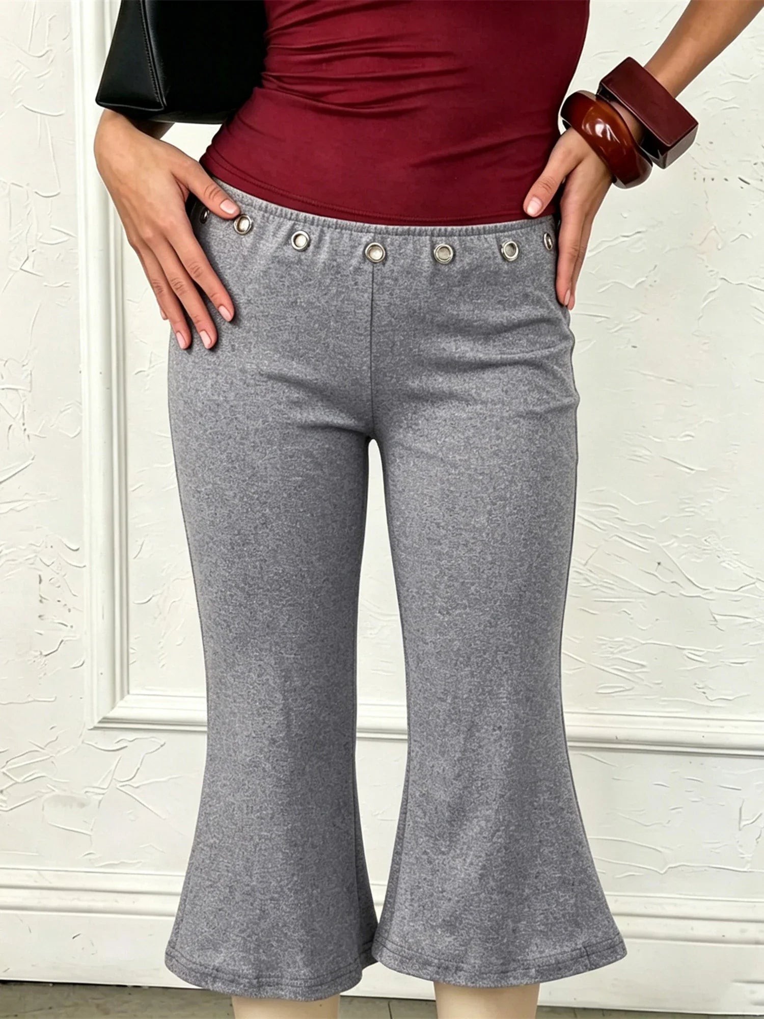 Womens Summer Cropped Pants Mid Rise Flare Trousers Stylish Casual Leg Pants with Silver Eyelet Capris