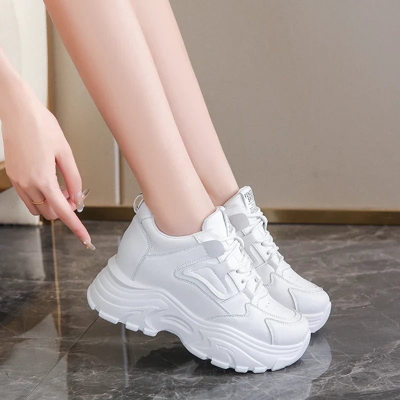 White Platform Women's Sneakers 2025 Autumn Lace-Up Thick Bottom Sports Shoes Woman Pu Leather Breathable Walking Shoes Female