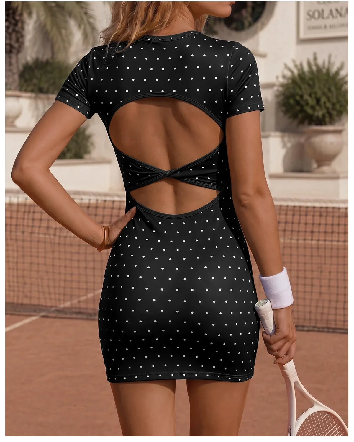 Retro Polka Dot Sports Tennis Dresses Women Quick Drying Round Neck Short Sleeve Back Hollow Cross Slim Yoga Golf Fitness Dress