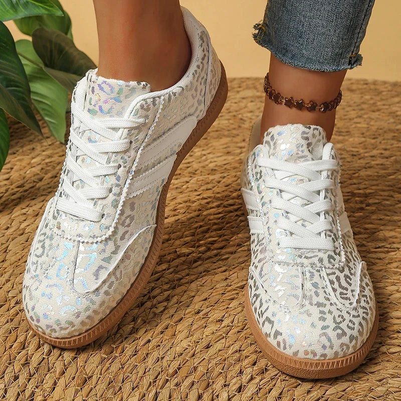 White Leopard Print German Training Shoes Women Plus Size 43 Non Slip Lace Up Flats Woman Comfortable Soft Bottom Casual Shoes