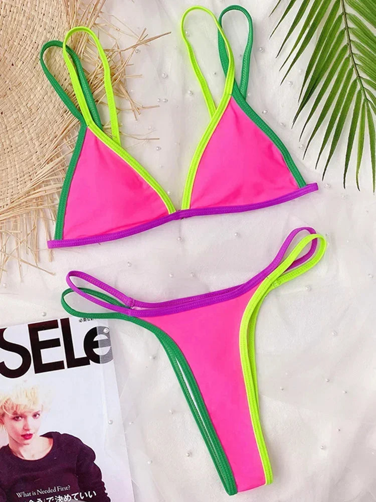 Splicing Brazilian Mini Thong Bikini Female Swimsuit Women Swimwear Two-pieces Bikini set High Cut Bather Bathing Suit Swim Lady