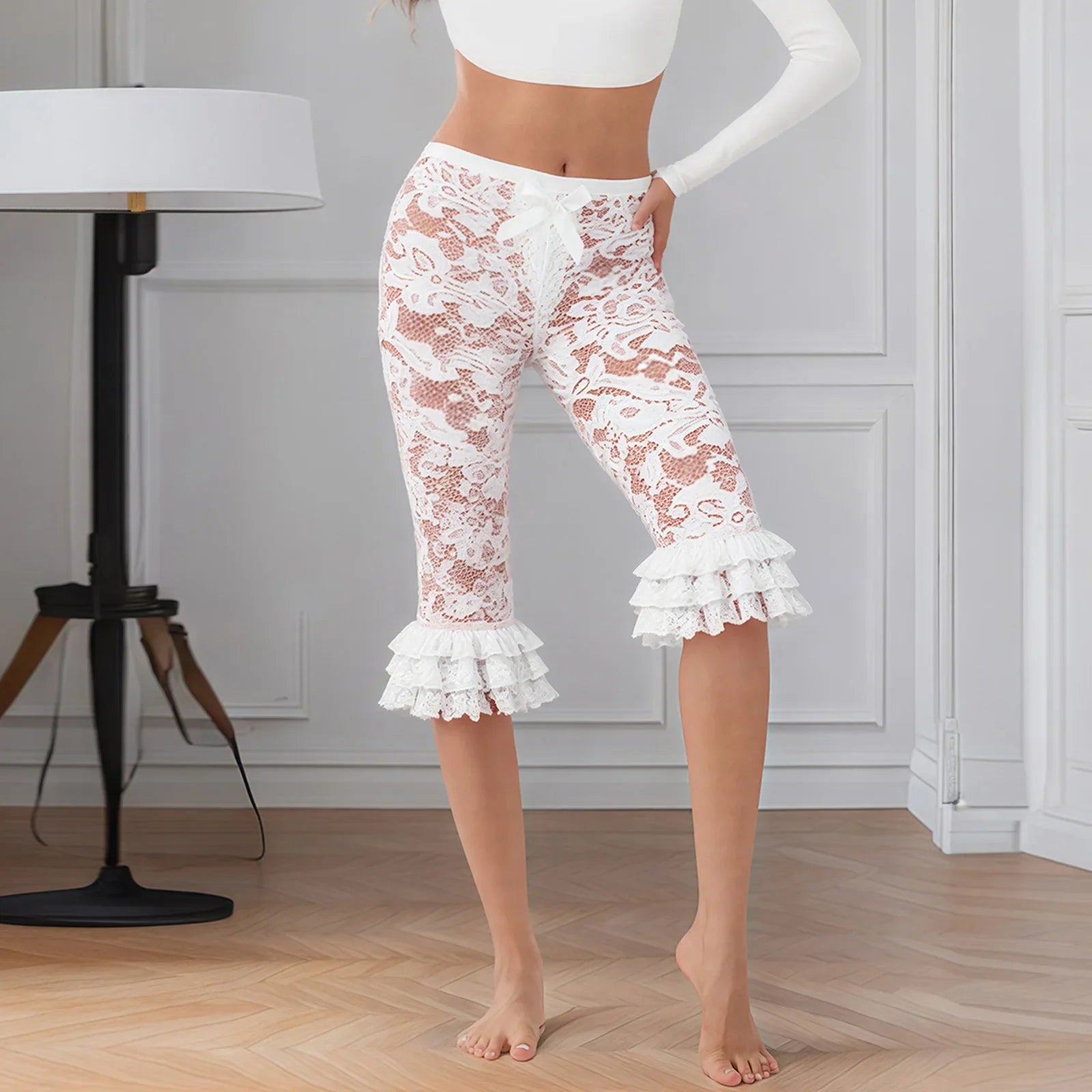 Women Summer Lace Ruffle Capri Leggings Solid Color Sheer Mesh Elastic High Waist See Through Pants