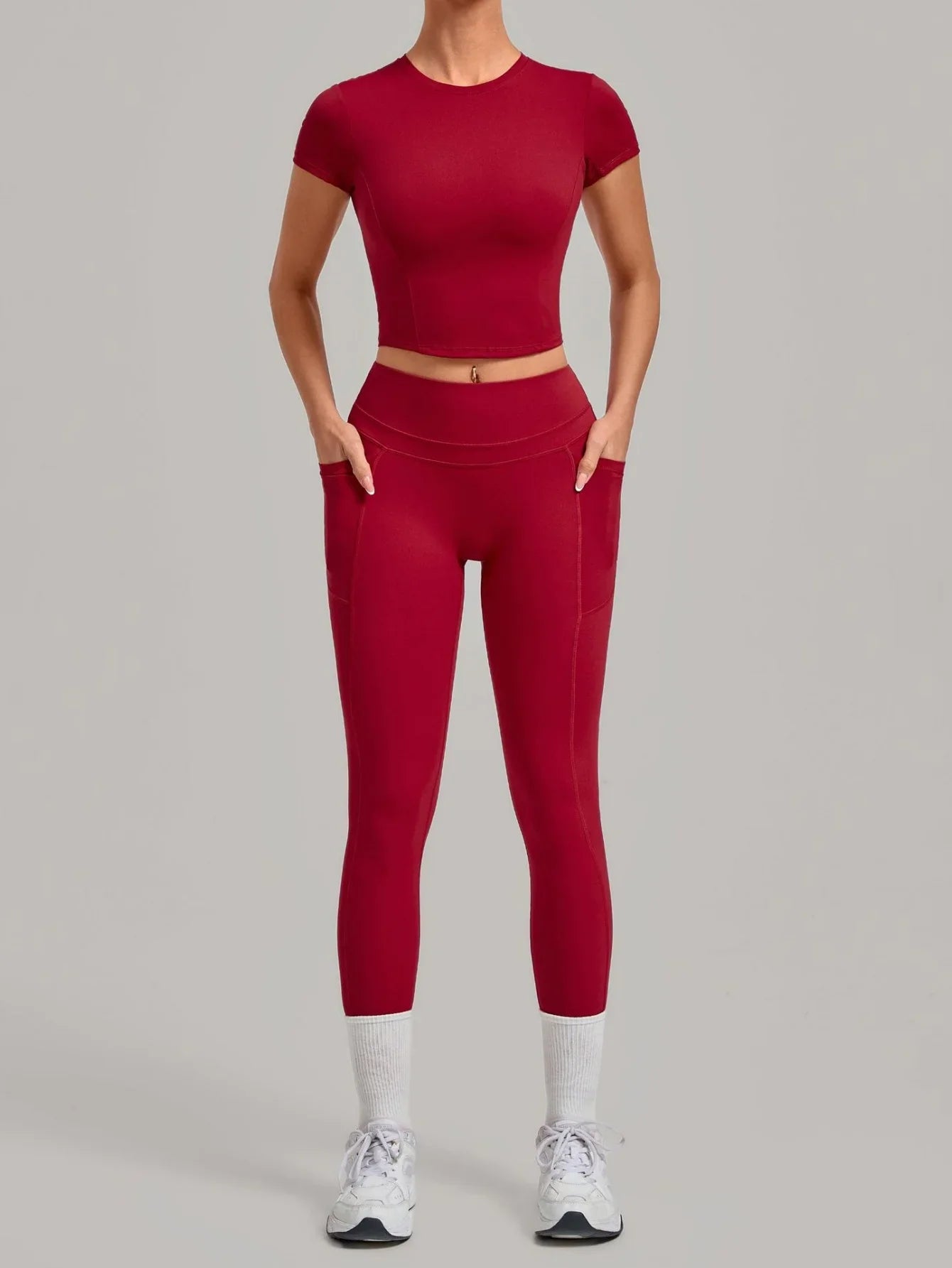 Women Tracksuit Yoga Sets Short Sleeve Slim Sports T Shirts Workout Clothes Outdoor Tight High Waist Pocket Pants Fitness Suits
