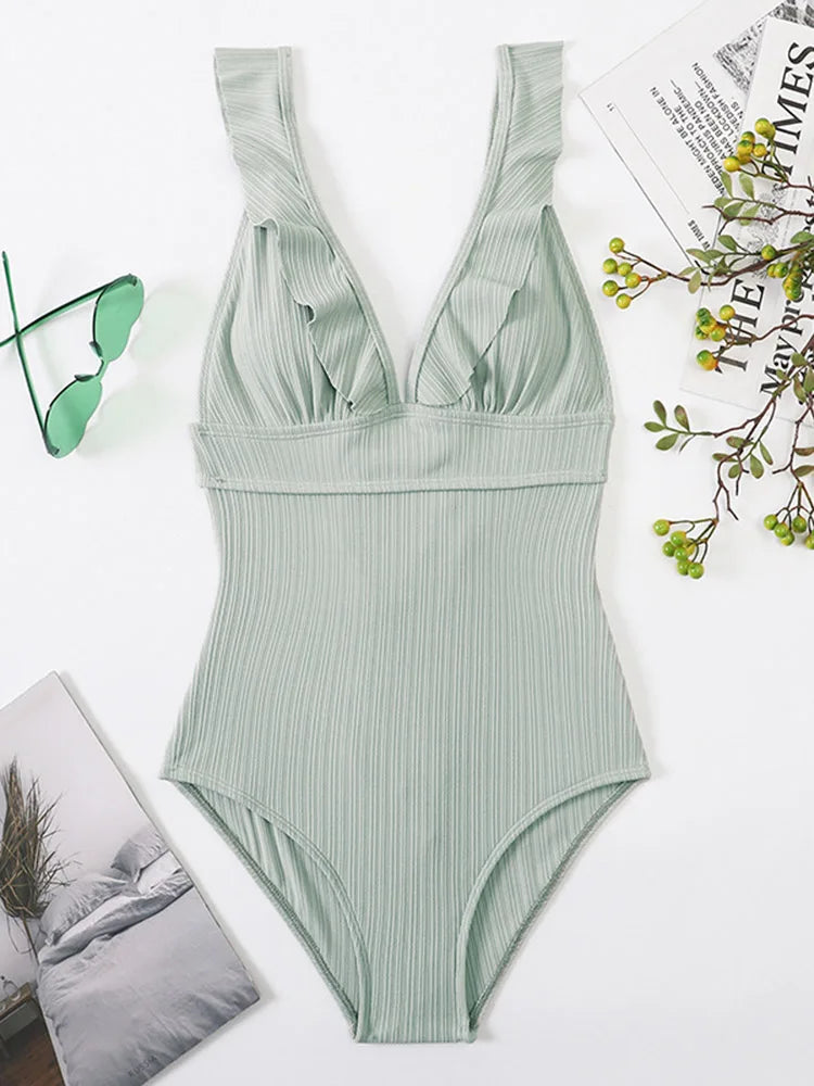 2026 Ruffle Swimsuit One Piece Solid V-neck Backless Swimwear Women Bathing Swimming Swim Suit Female Padded Beach Wear Summer