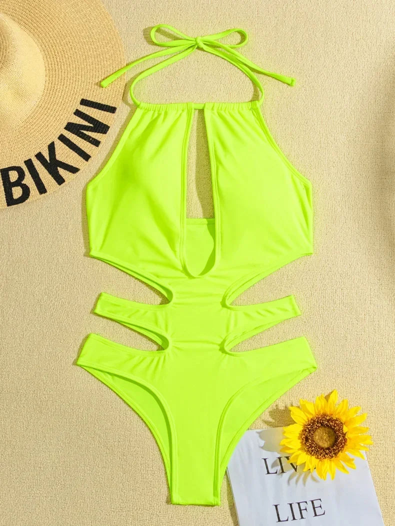 2025 New Sexy Halter Women Swimwear One Piece Swimsuit Female Hollow Out Monokini Bather Bathing Suit Summer Beach Wear Bodysuit