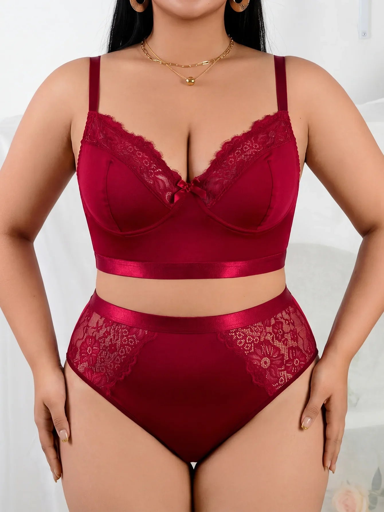Women’s Sexy Red Lingerie Set, Plus Size Smooth Lace Push Up Bra, Thin Sheer Underwear Set for Big Bust