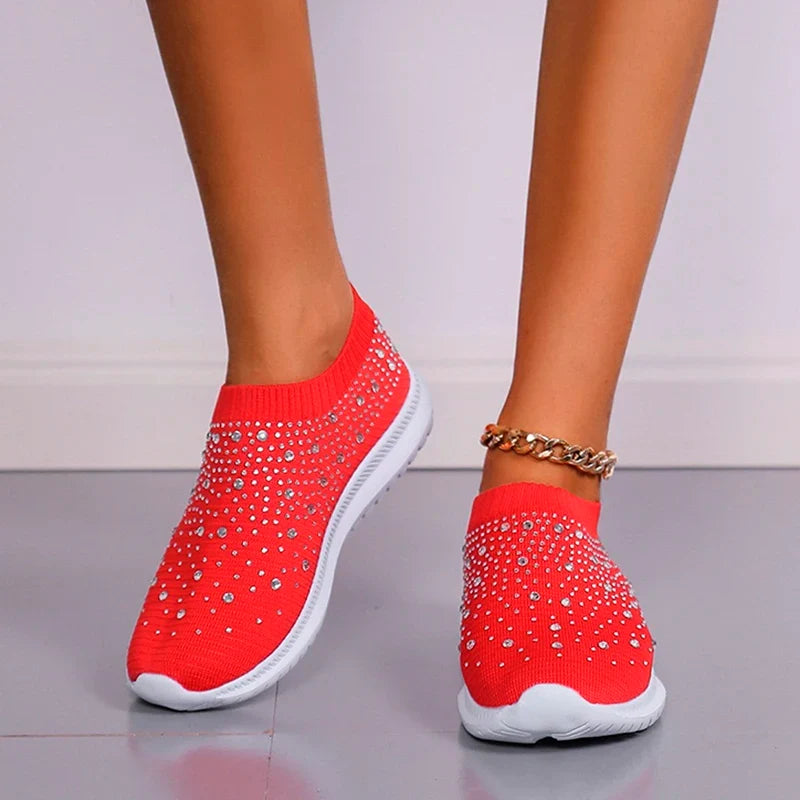 Women's Slip-On Crystal Sneakers 2025 Breathable Mesh Plus Size 35-43 Casual Flats Women Comfort Soft Sole Running Walking Shoes