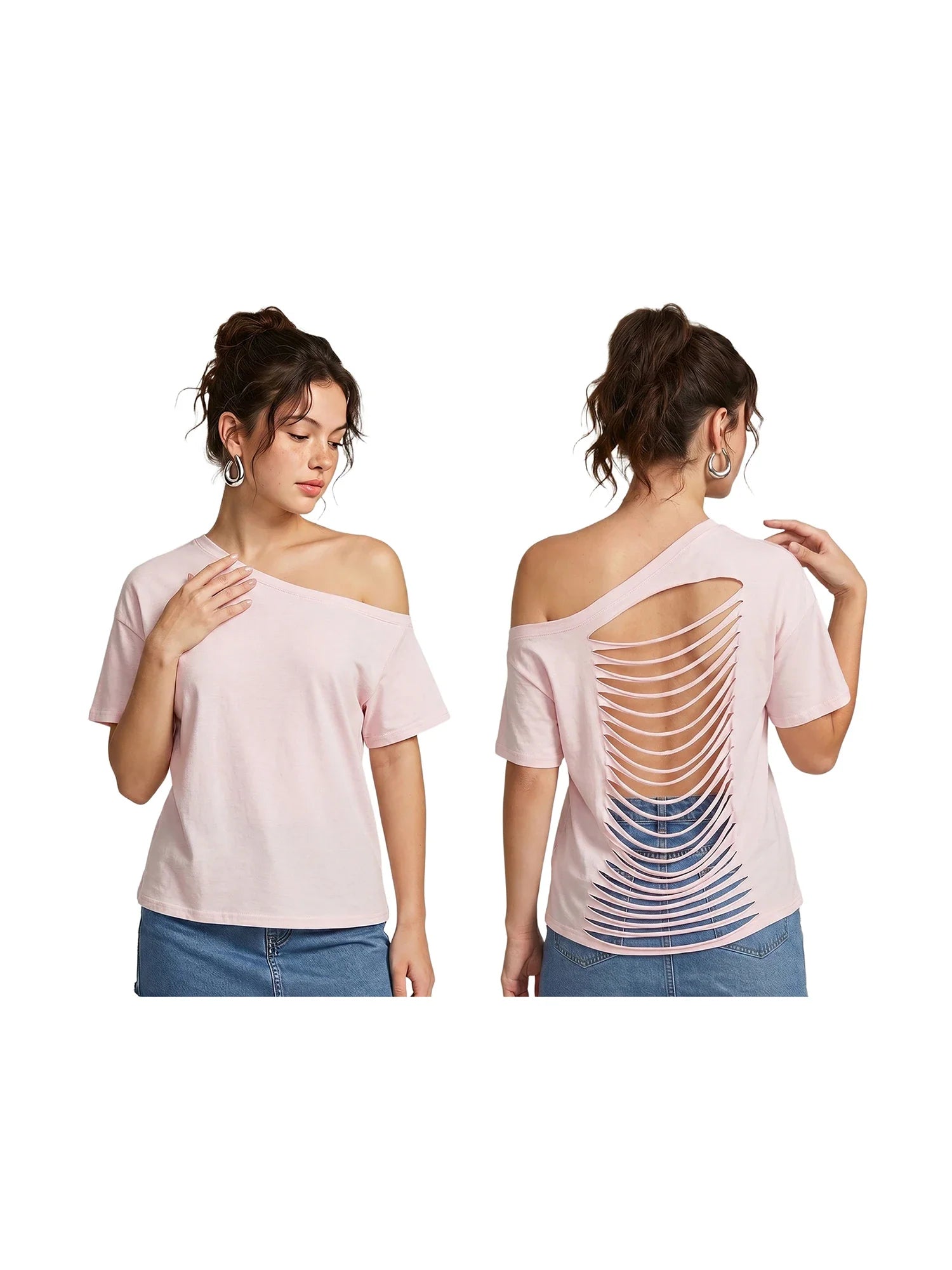 Women's Ripped Backless T-shirt Off Shoulder Short Sleeve Loose Fit Tee Tops Solid Color Shirts for Party Club Gothic Summer