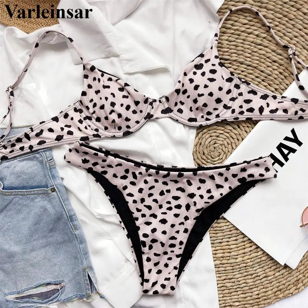 Sexy Leopard Bikini Swimsuit Female Swimwear Women Two-pieces Bikini set Underwired Bra Cup Bather Bathing Suit Swim Lady V2740