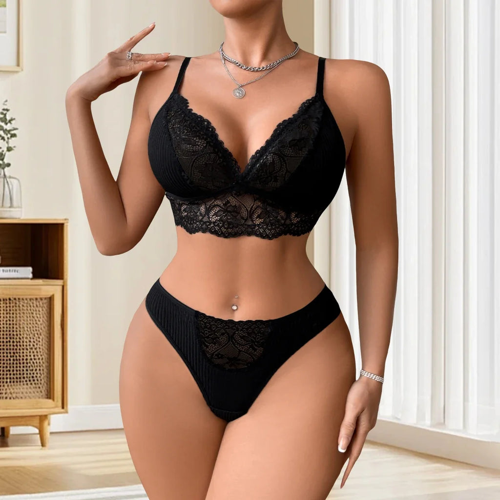 2pcs/Set Women's Underwear Set Sexy Lace Ribbed Bras Panty Sets Breathable Floral Sexy Lingerie Outfit Wire-Free Padless Bras