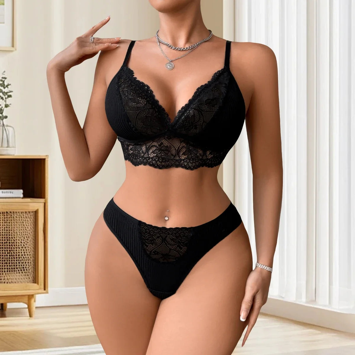 2pcs/Set Women's Underwear Set Sexy Lace Ribbed Bras Panty Sets Breathable Floral Sexy Lingerie Outfit Wire-Free Padless Bras
