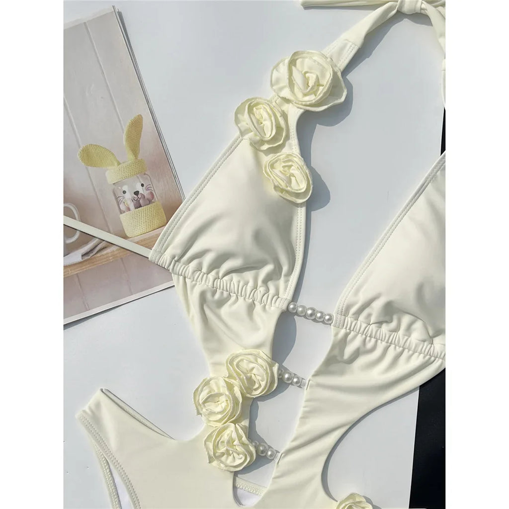 Sexy 3D Flowers Deep V Neck Halter Women Swimwear One Piece Swimsuit Female High Cut Leg Monokini Bather Bathing Suit Swim V6986