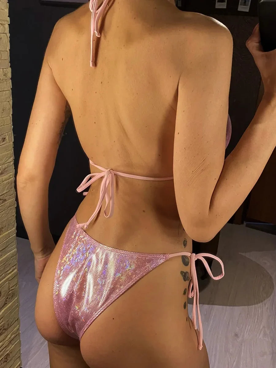Sparkling Glitter Halter Bow Bikini Female Swimsuit Women Swimwear Two-pieces Bikini Set High Cut Bather Bathing Suit Swim Lady
