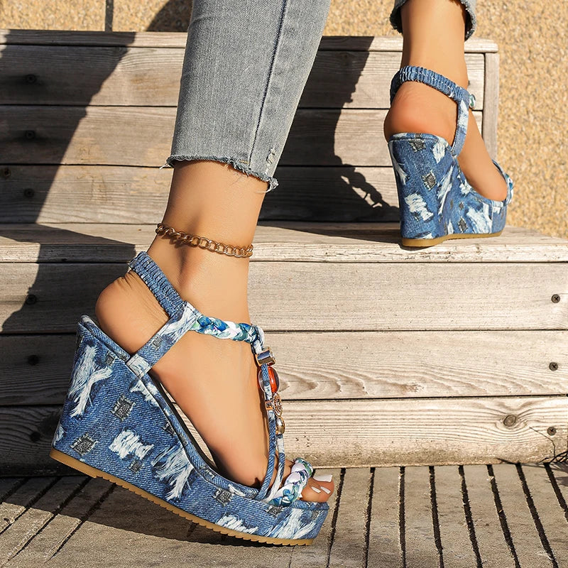Bohemian Style Printed Wedges Sandals Women 2026 Summer Slip On Chunky Heels Sandles Woman High Heel Platform Sandalias Mujer