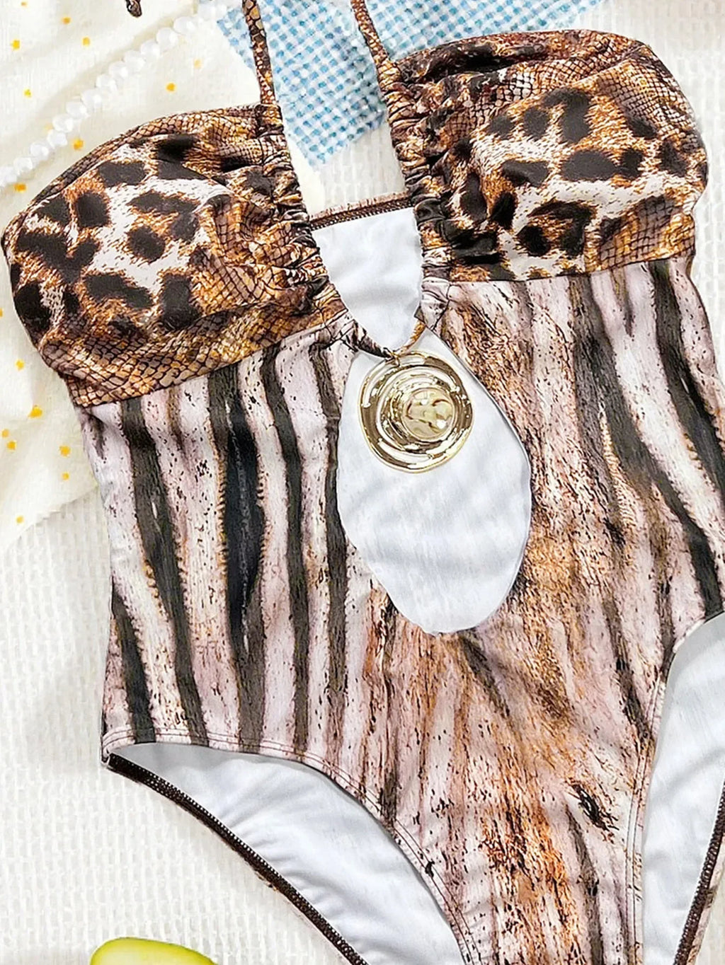 Sexy Brown Leopard Print Swimwear 2026 Women Metal Ring Linked Hollow Out Bandage Cross Bathing Suit One Piece Swimsuit Monokini