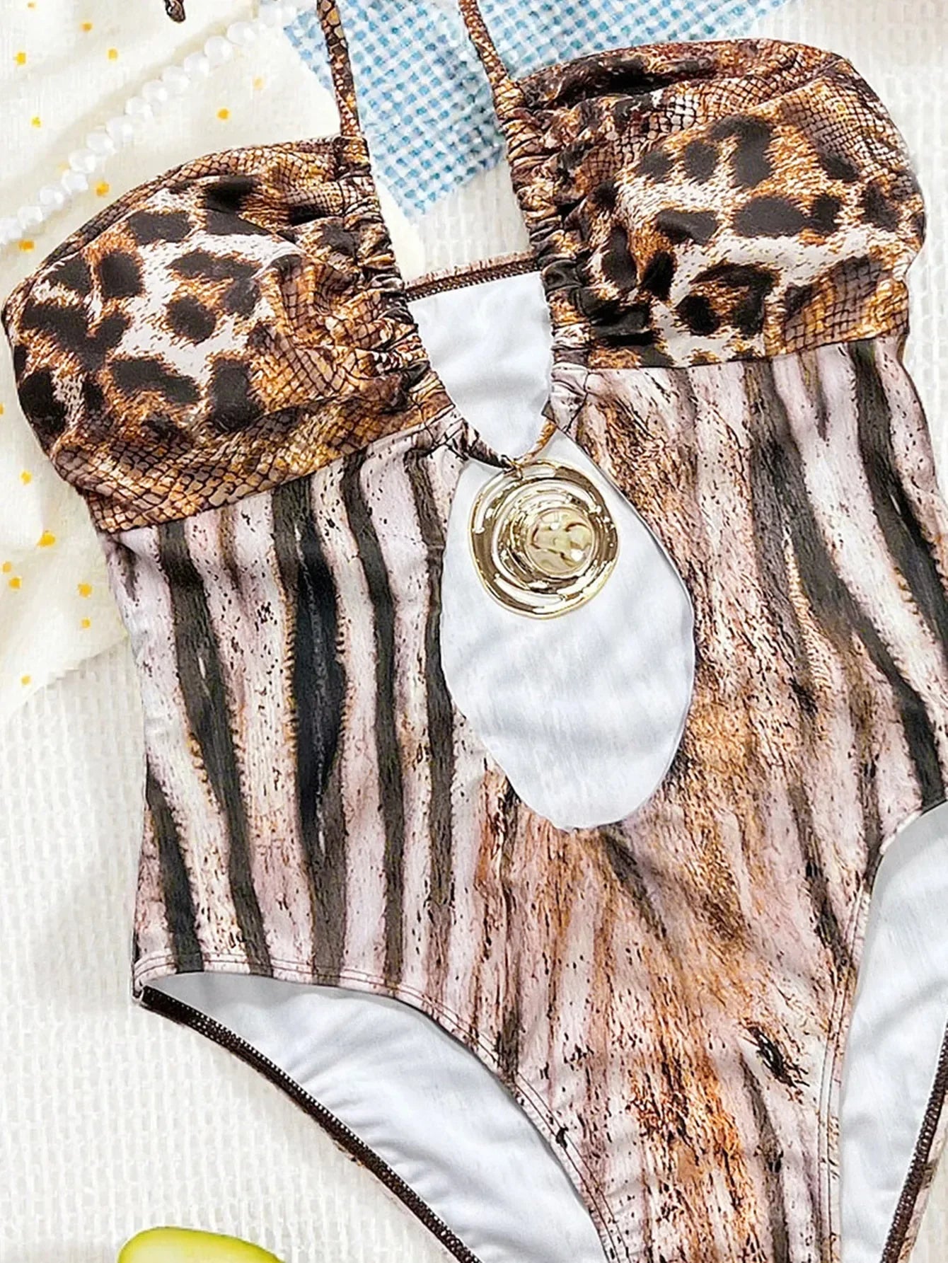 Sexy Brown Leopard Print Swimwear 2026 Women Metal Ring Linked Hollow Out Bandage Cross Bathing Suit One Piece Swimsuit Monokini