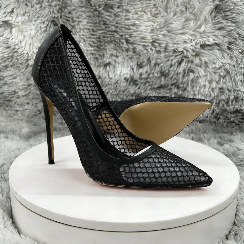 Women's Black Mesh Stiletto Pumps  Pointed Toe Hollow-Out High Heels, Sexy Sheer Dress Shoes for Party, Club, and Evening Even