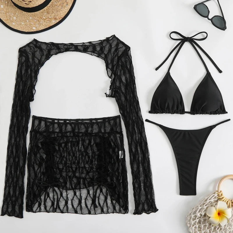 Toucheart Sexy Lingerie Suit for Women Mesh Four-piece Beach Swimsuit Sexy Bikini Solid Color Long Sleeves Mesh See-through Set