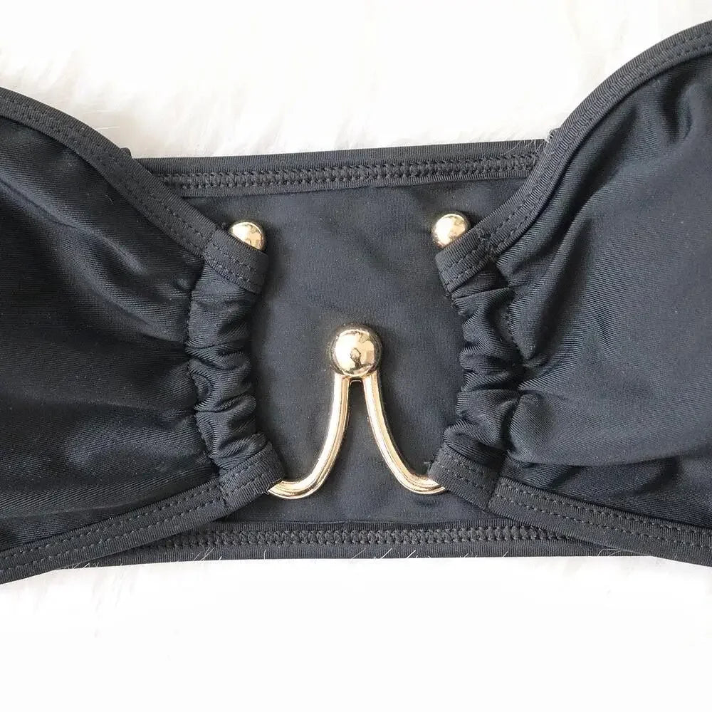 2026 Sexy Bikini Bandeau Women Black Swimwear Swimsuit Metal Decor Bikinis Set Bathing Suit Beach Bikini Female Push Up Biquinis