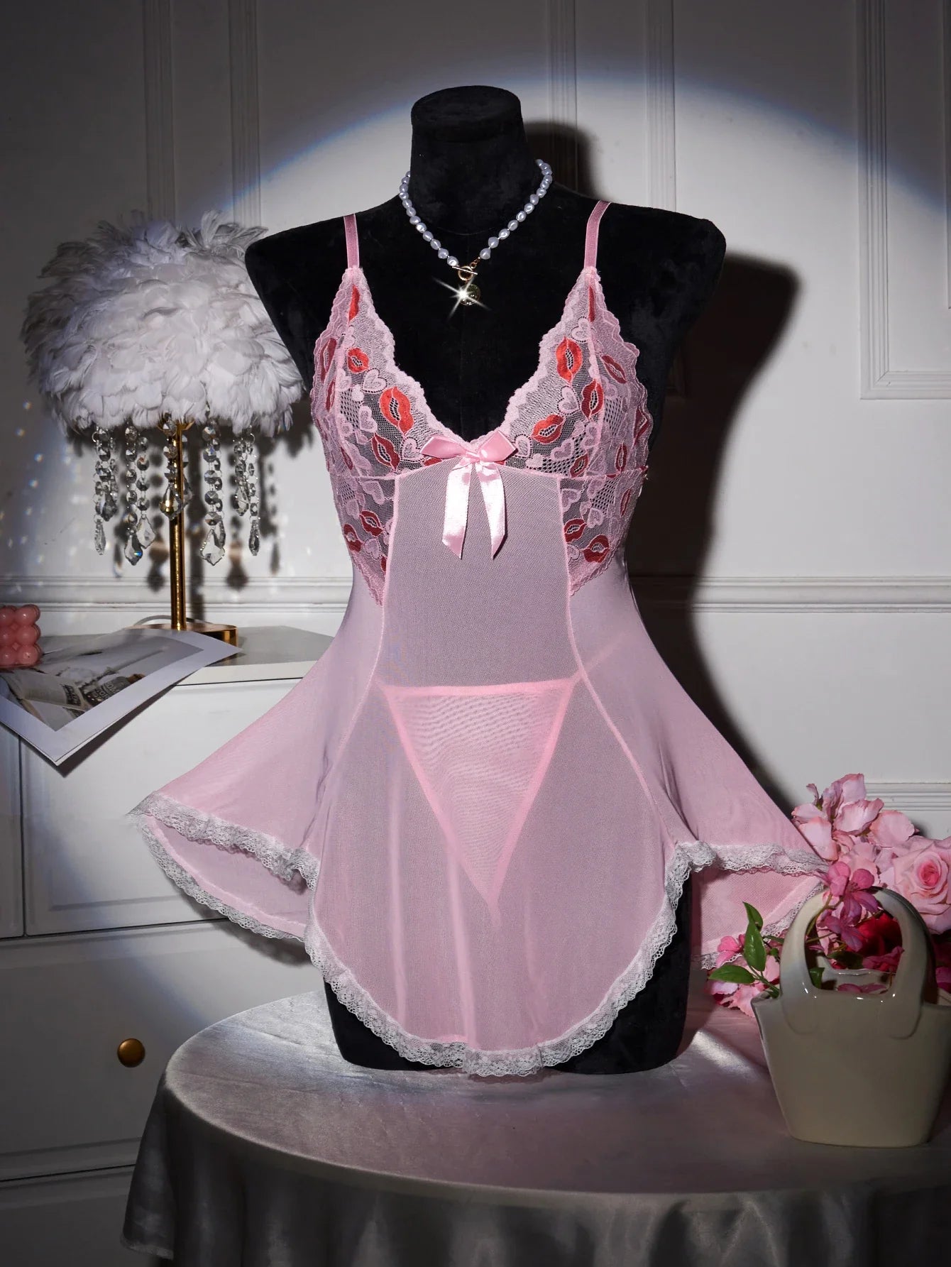 Pink Transparent Ultra Thin Hot Nightgown Women's Pajamas With Thongs Lace Mesh Dress For Sex V-Neck Backless Sexy Lingerie