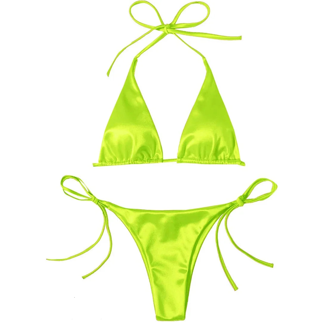 Sexy 13 Colors Halter Satin Brazilian Bikini Women Swimwear Female Swimsuit Two-pieces Bikini set Bather Bathing Suit Swim V4966