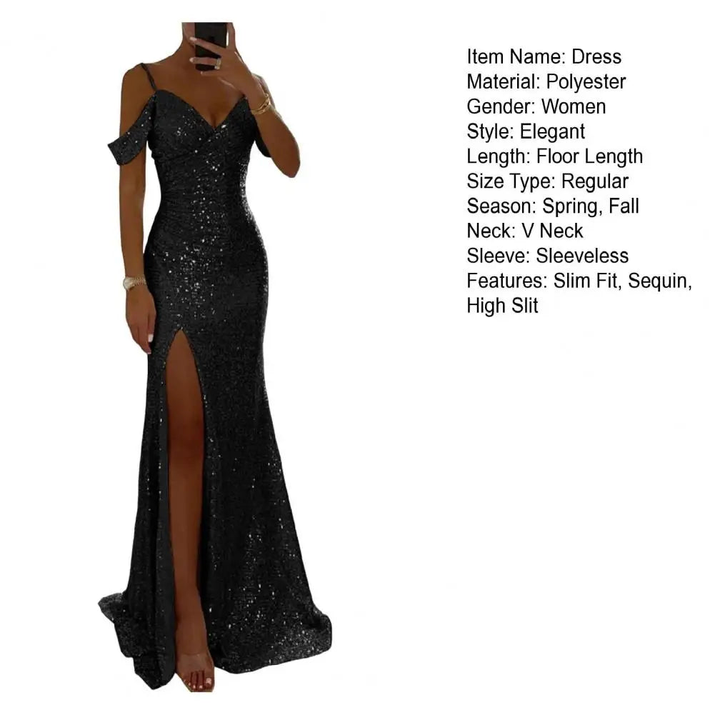 Women Evening Dress Off Shoulder V Neck Side Slit Floor Length Sequin Ball Gown Sleeveless Prom Wedding Party Banquet Maxi Dress