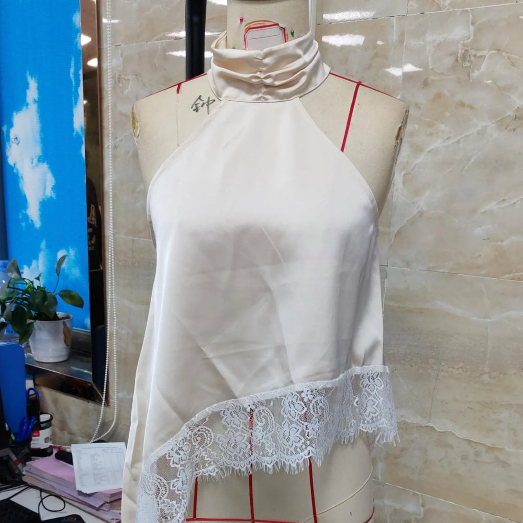 Solid Color Satin Halter Neck Vest for Women Summer Sleeveless Open Back Irregular Lace Hem Tank Tops