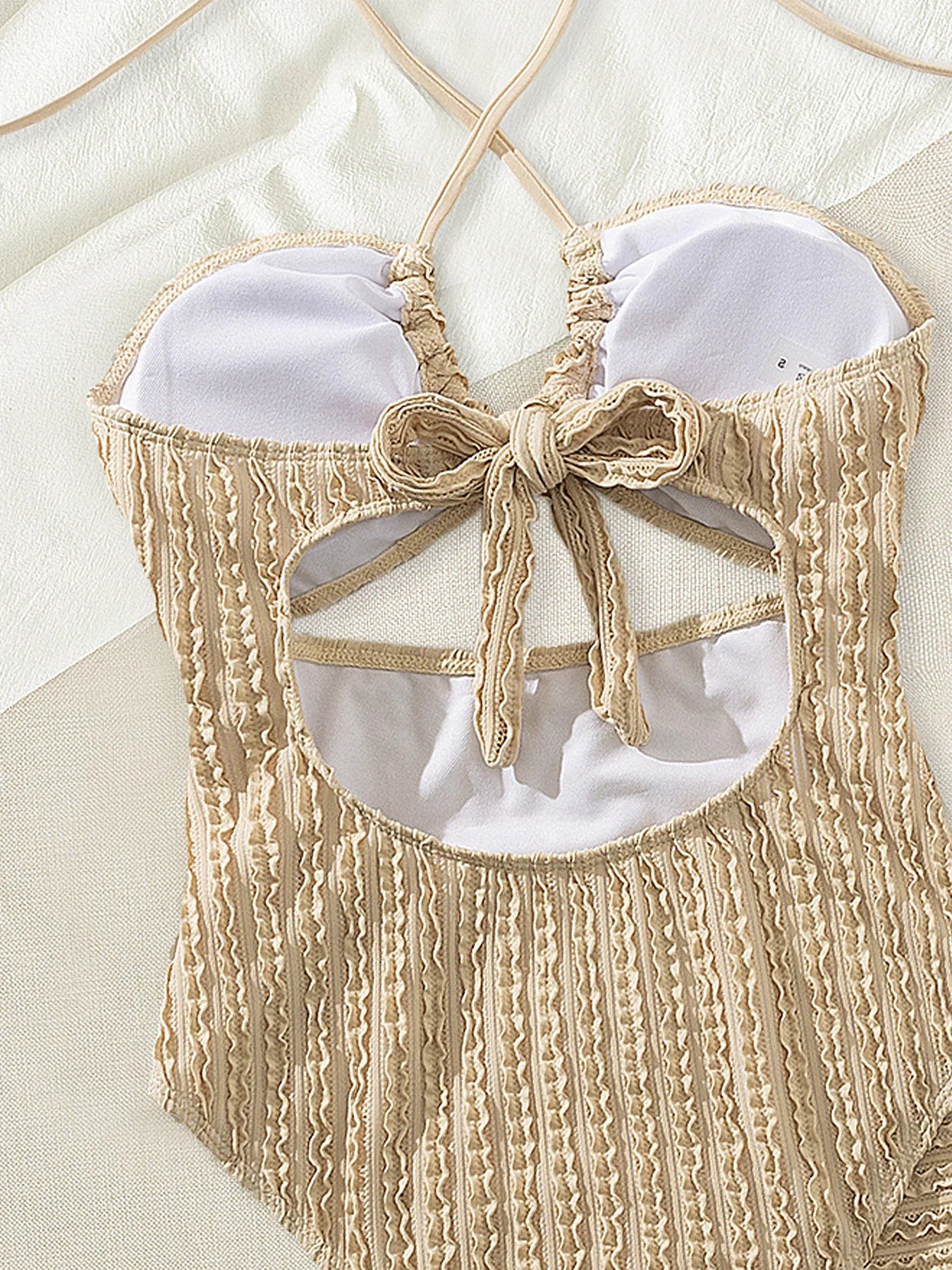 Vintage Khaki One Piece Swimsuit Mesh Skirt Set Women Halter Cross Hollow Out Slim Swimwear 2025 Bathing Suit Holiday Monokini