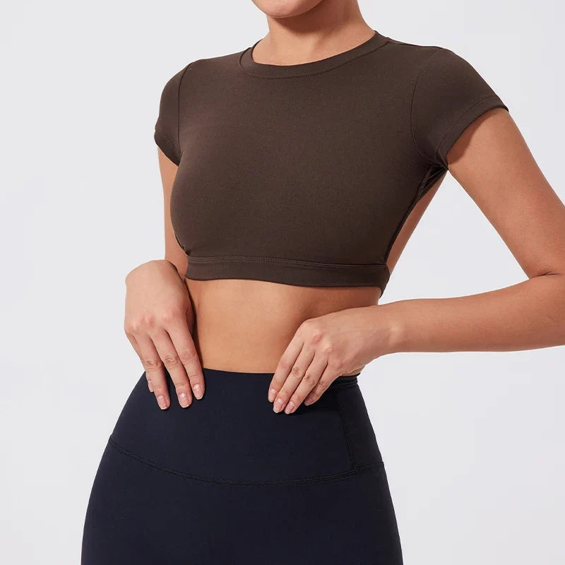 Hearuisavy Summer Sports Shirts Workout Tops Fitness Activewear Quick-Dry Yoga Clothes Sport Crop Tops Backless Gym Top Women