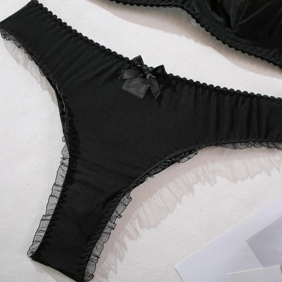 2Pcs Bra & Brief Set for Women Sexy White Ruffle Mesh Perspective Bow Patchwork Bra Bilizna Set Underwear Ultra Thin Intimate