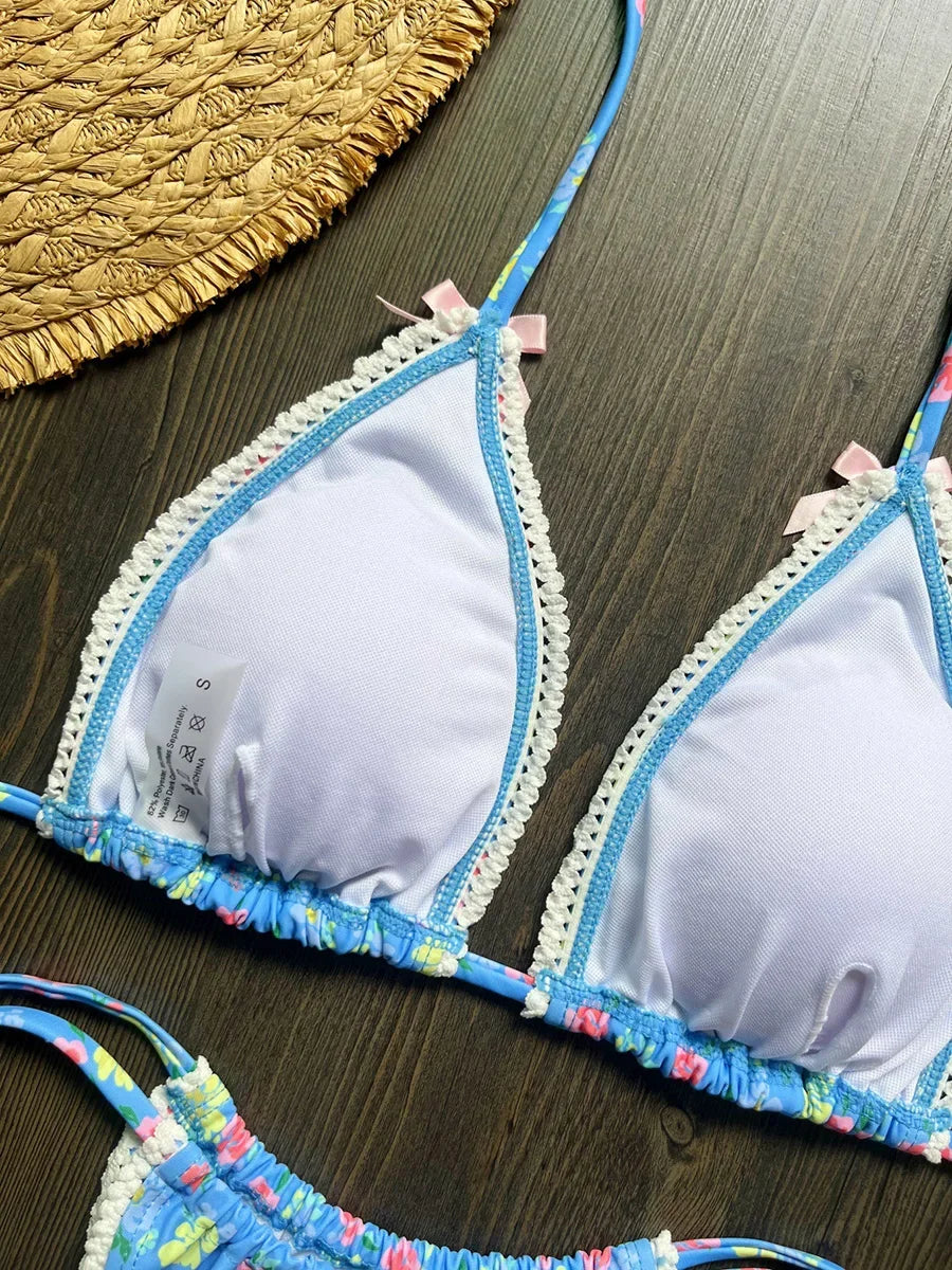 Floral Print Halter Micro String Bikini Female Swimsuit Women Swimwear Two-pieces Bikini Set Bow Knotted Bathing Suit Swim Lady