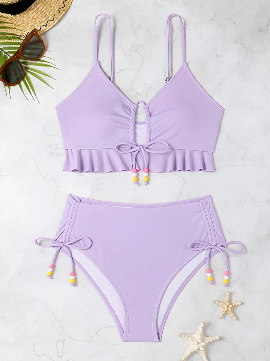 2026 High Waist Bikini Women Drawstring Swimwear Female Ruffle Swimsuit Solid Bathers Bathing Swimming Swim Suit Beachwear