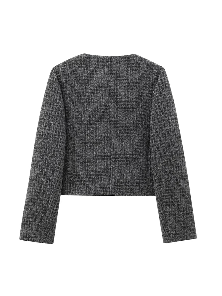 Foridol Tweed Knitted Dark Grey Blazer Coat Women Autumn Winter Gingham Short Coat Office Lady Vintage Buttons Veste