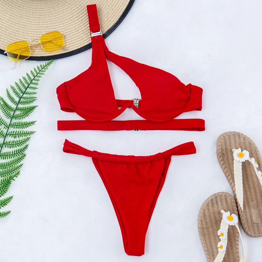 DEKA One Shoulder Bikini Set Women Solid Push Up Underwired Swimwear Beach Wear Thong Swimsuit Biquini Pleated Bathing Suits