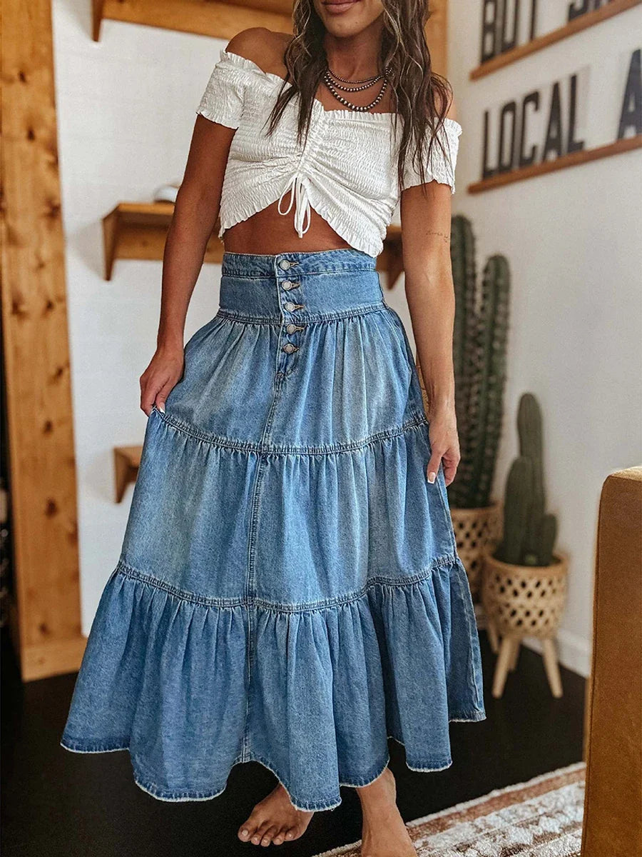 Women Summer Denim Skirt Casual Solid Color Ruffled Hem High Waist A-Line Jeans Skirt for Club Streetwear