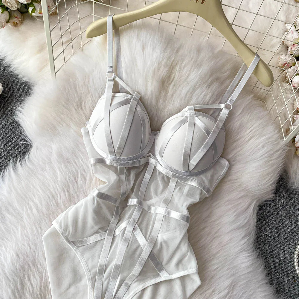 MOYISU Sexy Western Style Bodysuit for Women Sheer Net Halter Push Up Pads Summer Lingerie Figure Control See Through Hot Sale