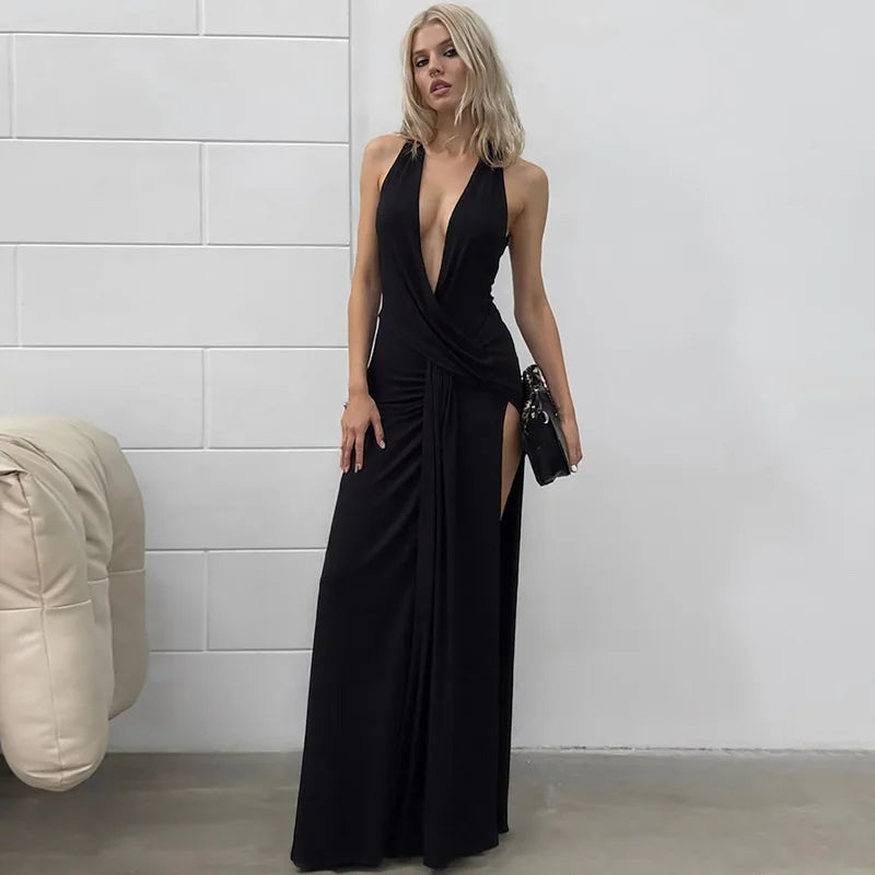 FDYOUI 2026 Summer Deep V-neck Hollow Out Long Maxi Evening Dress Women Chic Backless High Slit Ruched Solid Party Club Dresses