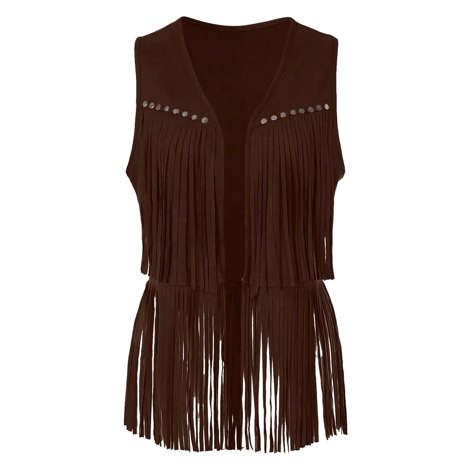 Women Tassel Fringe Vest Sleeveless Solid Waistcoat V Neck Open Front Cardigan Vintage Hippie Clothes Cowboy Cosplay Jacket