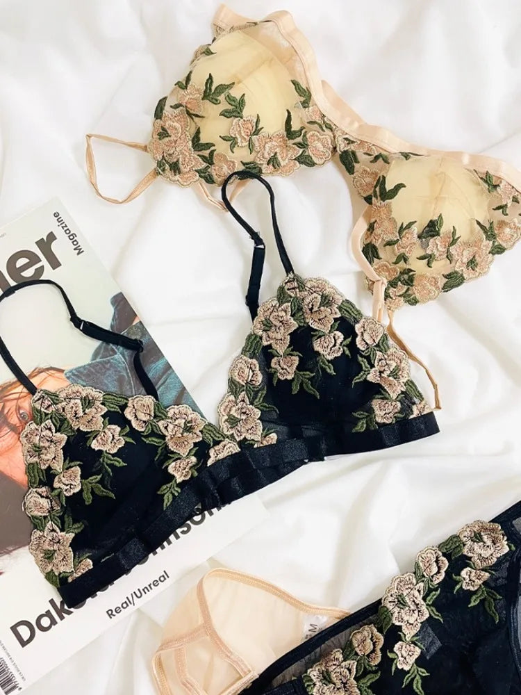 MOYISU French Lace Bralette Set for Small Breasts No Underwire Summer Bras Sexy Triangle Bra Petite Girls, Pure Desire Lingerie