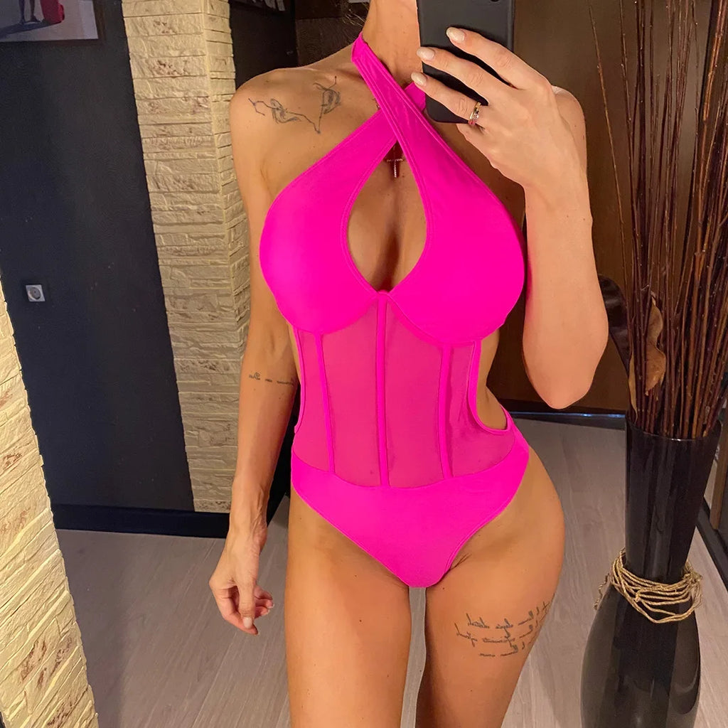 S - XL Underwired Cut Out Halter Women Swimwear One Piece Swimsuit Female Monokini High Cut Bather Bathing Suit Swim Lady V4418