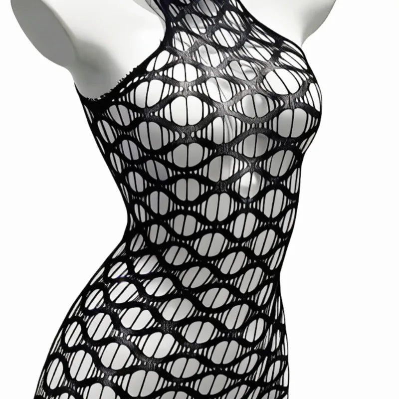 Sexy Mesh Halter Neck Hollow Out Open Crotch Dress With Exposed Chest And Sheer For Women Off-the-shoulder Mini Dress Charm RCIJ