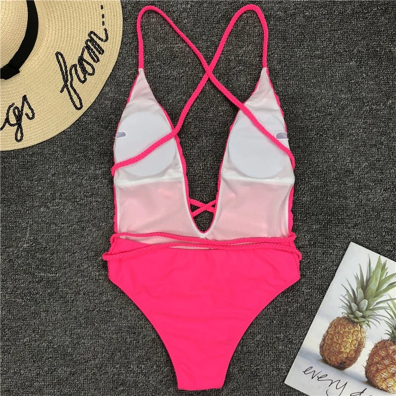 Sexy Deep V Neck Wrap Around Female Swimwear One Piece Swimsuit Women Backless Monokini High Leg Cut Bathing Suit Swim Beachwear