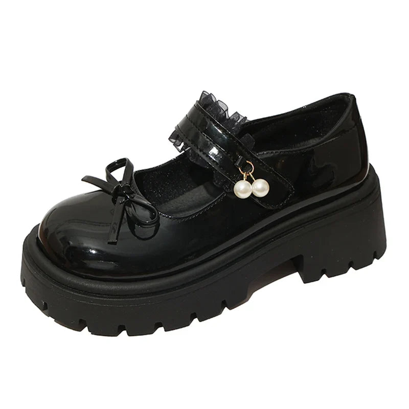 Sweet Bowknot Lace Strap Platform Mary Jane Shoes Women Korean Patent Leather Jk Lolita Shoes Woman 2025 Thick Heel Pumps Female