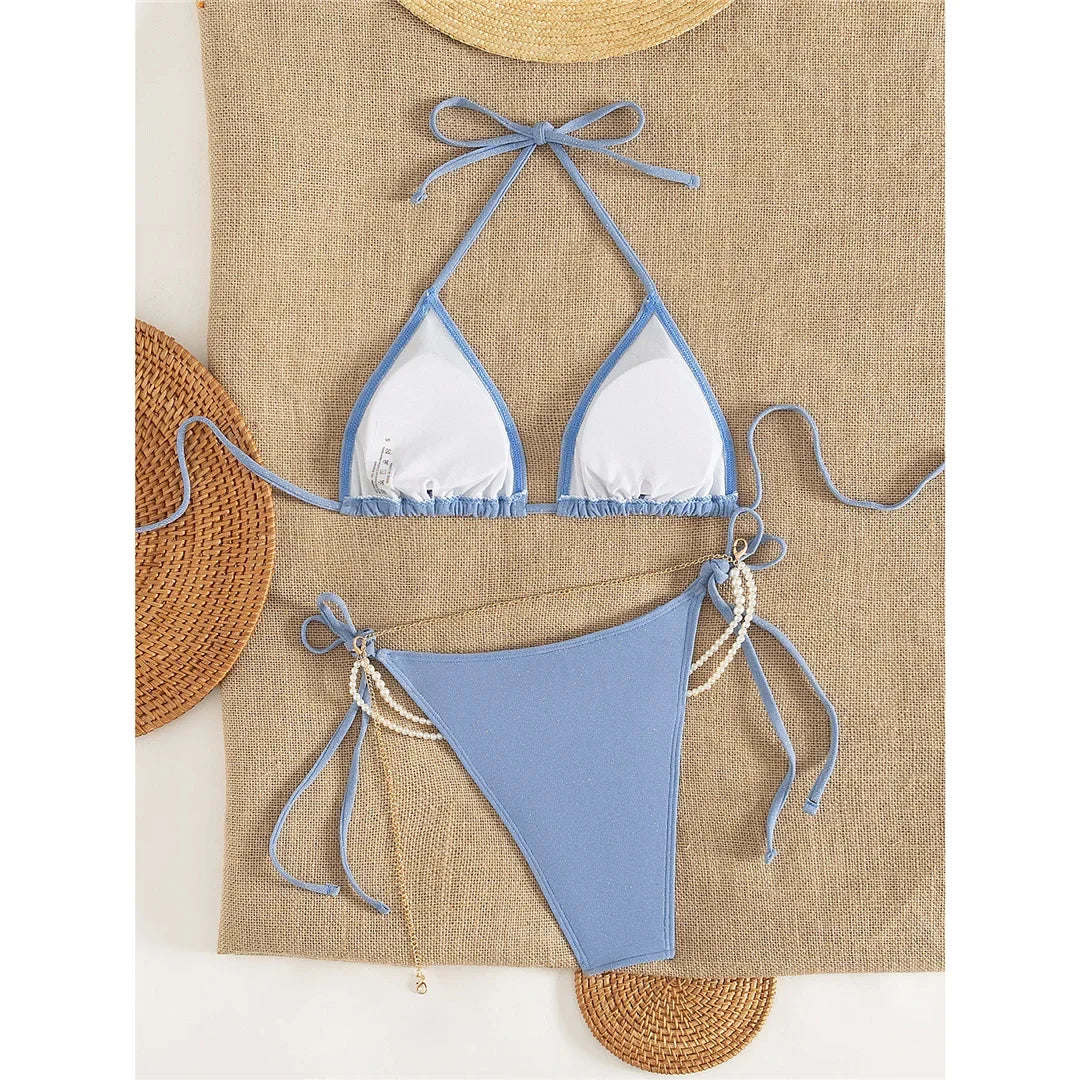2026 Glitter Sparkling Pearls Halter Bikini Women Swimwear Female Swimsuit Two-Pieces Bikini Set Bather Bathing Suit Swim V8342