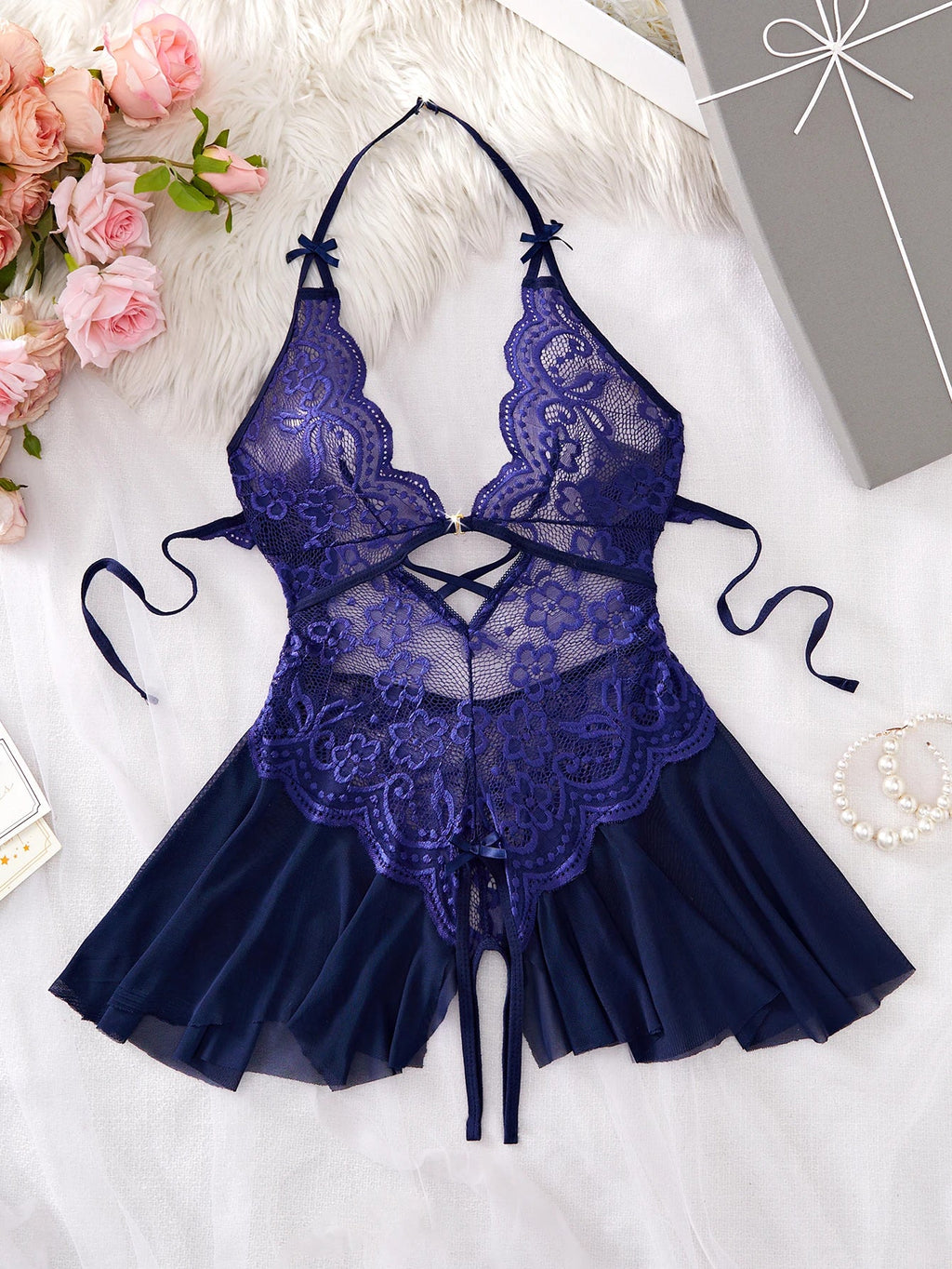 Bodycon Teddy Dress Crotchless Sheer Underwear Set Lace See Through Halter Deep V Sexy Lingerie Sultry Nightwear For Date Night