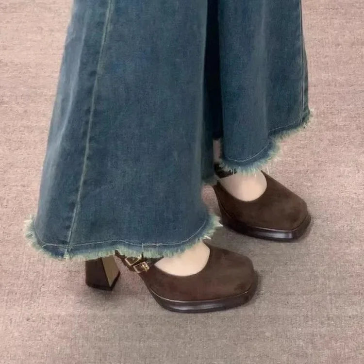 Vintage Thick High Women Mary Jane Shoes Banquet Party Buckle Strap Pumps New  Women's Elegant Dress Shoes