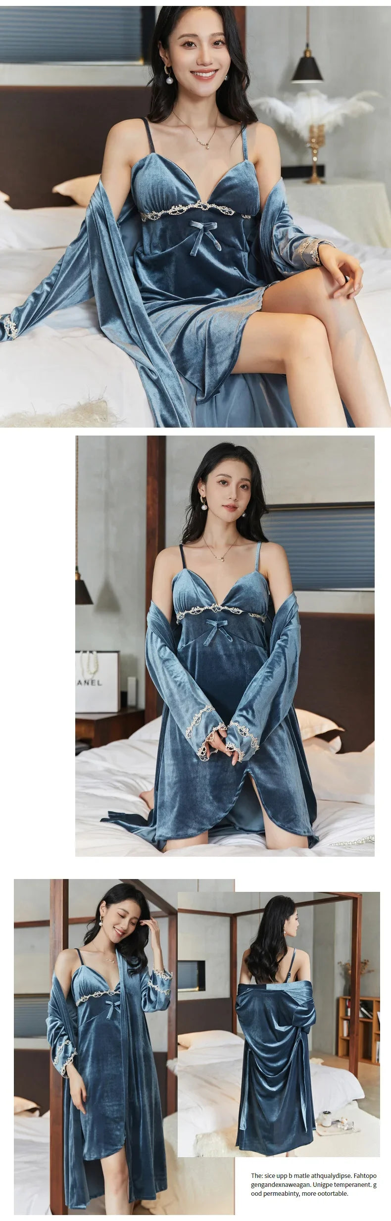 Gold velvet pajamas, autumn and winter sexy suspender nightgown, nightgown set with chest pad, large size home clothes