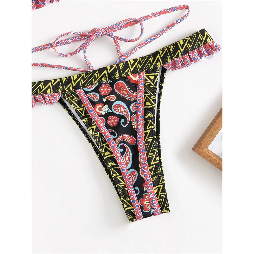 5 Colors Sexy Printed Halter Frilled Bikini Women Swimwear Female Swimsuit Two-Pieces Bikini Set Bather Bathing Suit Swim V4651