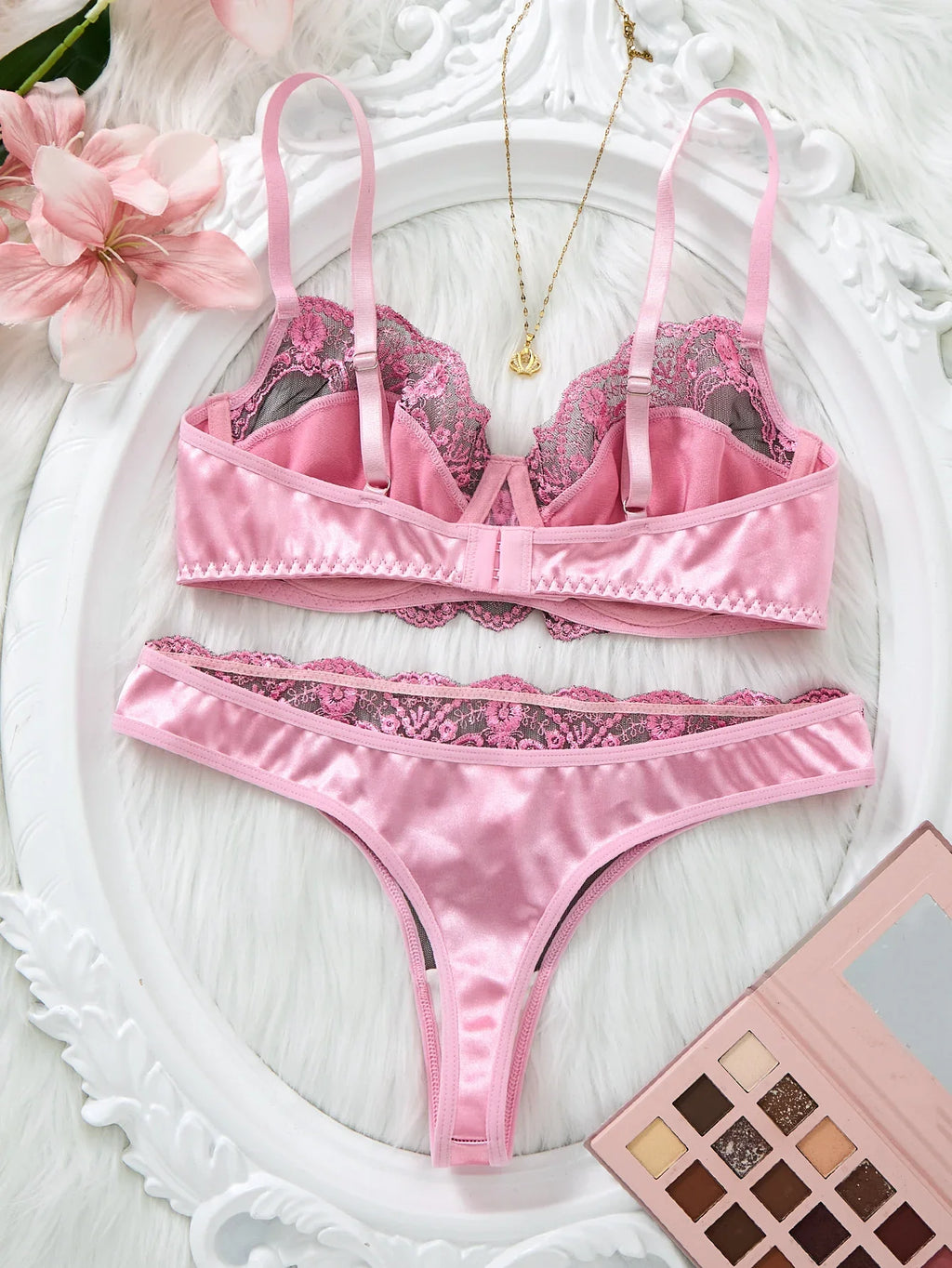 Pink satin lace lingerie set - gathered half-cup bra thong panties - date-oriented sensual women's lingerie ZA825289
