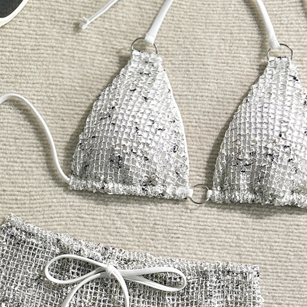 With Mesh Sarong Skirt Halter Bikini Women Swimwear Female Swimsuit Three-pieces Bikini Set Fishnet Bathing Suit Swim Beachwear